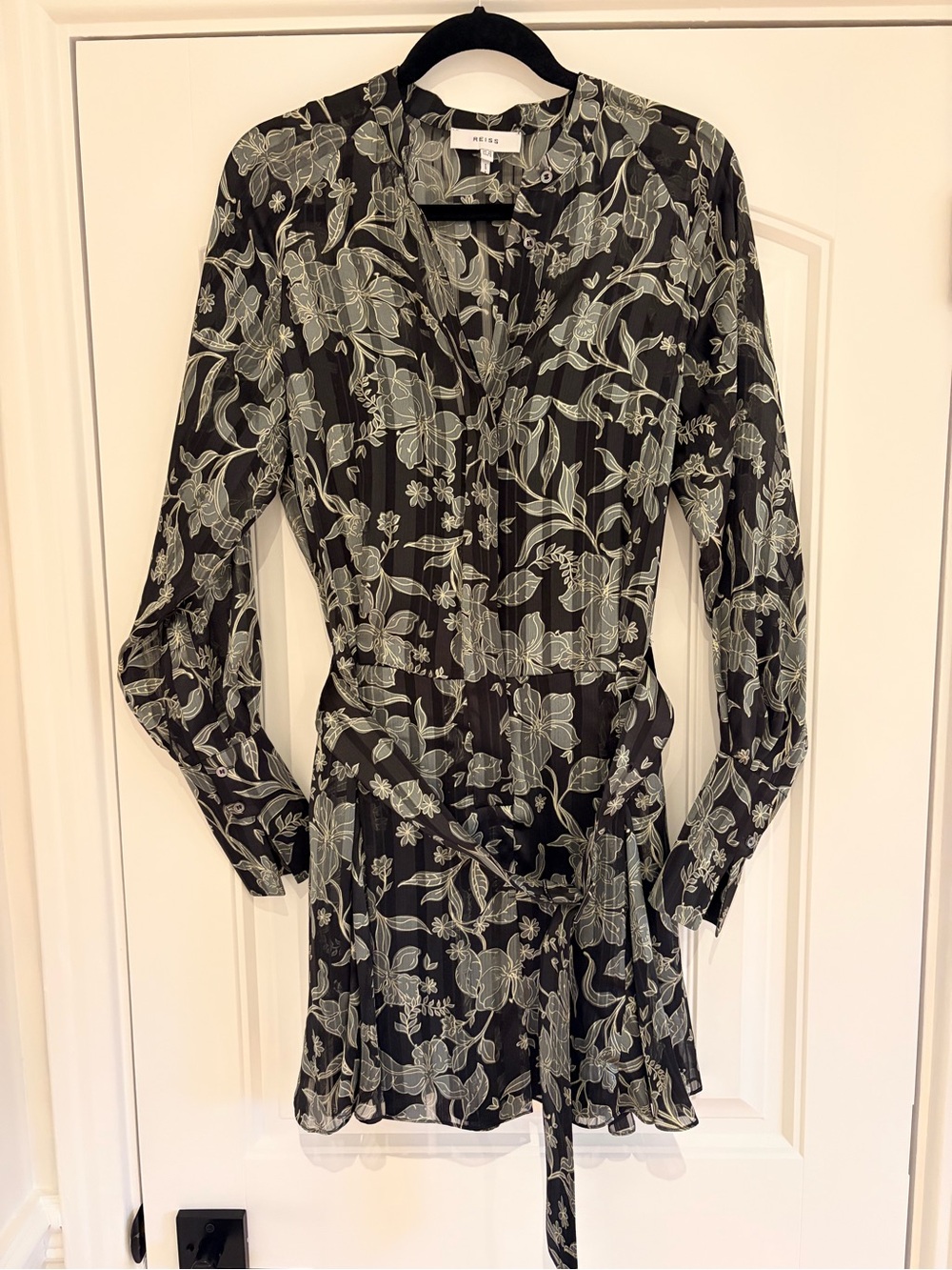 Reiss Black Floral Dress with Belt Waist